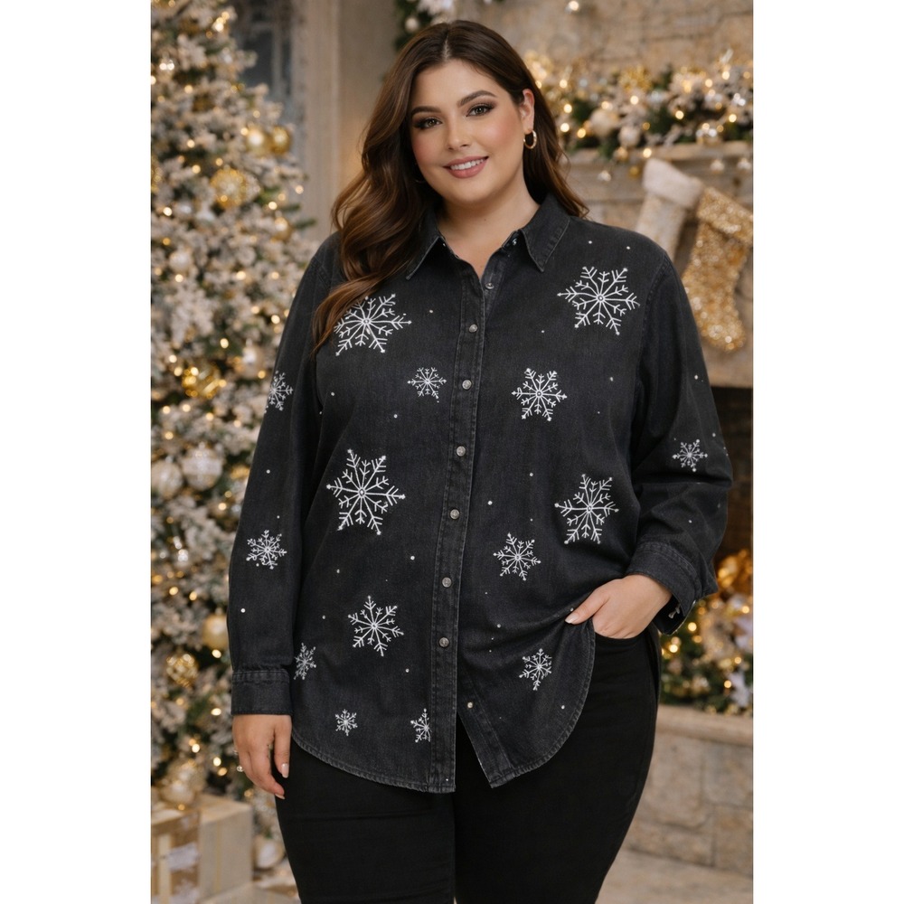 Quacker Factory Womens 2X Black Denim Snowflake‎ Embroidered Shirt Button Covers